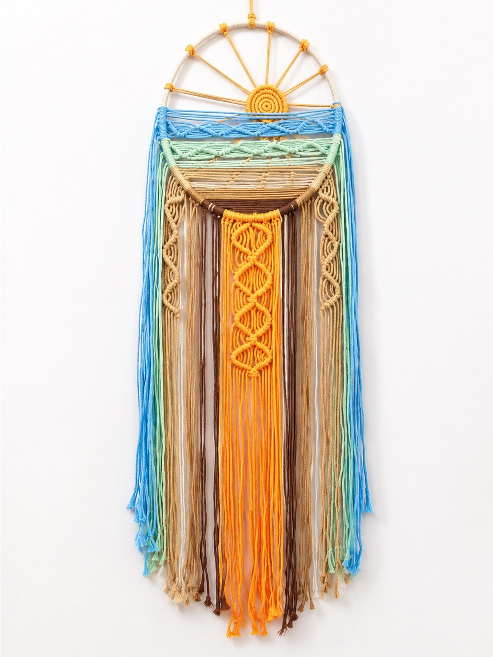 Boho Blue, Green & Orange Sun & Waves Macramé Wall Hanging